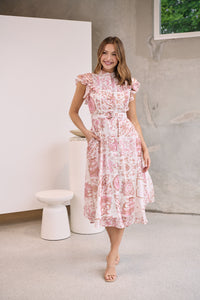 Lucia Pink/White Collared Frill Sleeve Pleated Midi Dress