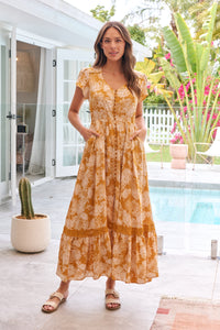 Augustina Button Front Mustard Paisley Print Maxi