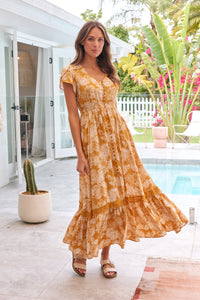 Augustina Button Front Mustard Paisley Print Maxi