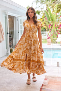 Augustina Button Front Mustard Paisley Print Maxi