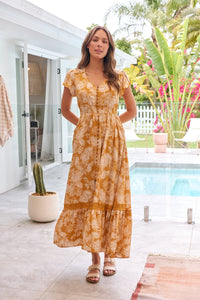 Augustina Button Front Mustard Paisley Print Maxi