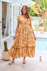 Augustina Button Front Mustard Paisley Print Maxi