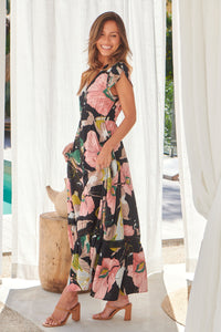 Augustina Pink/Green Floral Button Front Maxi Dress
