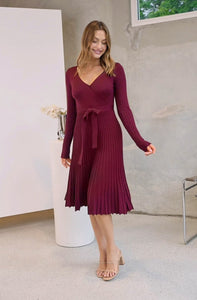 Parker Wine Long Sleeve Pleated Knit Midi Dress