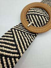 Load image into Gallery viewer, Atis Faux Rattan Weave Stretch Black and Cream Aztec Print Belt