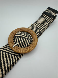 Atis Faux Rattan Weave Stretch Black and Cream Aztec Print Belt