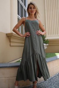 Megan Khaki Button Midi Dress