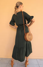 Load image into Gallery viewer, Artella Dark Olive Frill Satin Maxi Dress