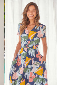 Leilani Peach/Blue Floral Button Front Maxi Dress