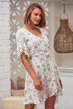 Load image into Gallery viewer, Claudette Cream Floral V neck Frill Dress