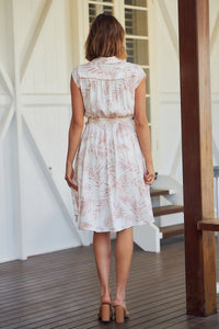 Bloom Collared White/Pink Floral Tie Up Midi Dress