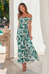 Gigi Off Shoulder Green/White Floral Print Shirred Maxi Dress