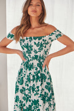 Load image into Gallery viewer, Gigi Off Shoulder Green/White Floral Print Shirred Maxi Dress