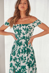 Gigi Off Shoulder Green/White Floral Print Shirred Maxi Dress