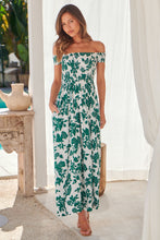 Load image into Gallery viewer, Gigi Off Shoulder Green/White Floral Print Shirred Maxi Dress