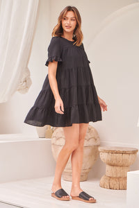 Nia Tiered Black Linen Smock Dress