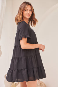 Nia Tiered Black Linen Smock Dress