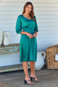 Jordan L/Sleeve Emerald Satin Dress