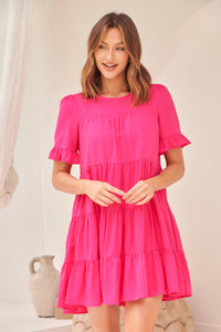 Nia Tiered Hot Pink Linen Smock Dress