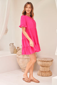 Nia Tiered Hot Pink Linen Smock Dress