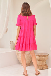 Nia Tiered Hot Pink Linen Smock Dress