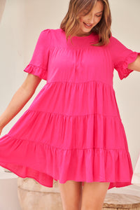 Nia Tiered Hot Pink Linen Smock Dress