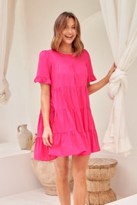 Nia Tiered Hot Pink Linen Smock Dress