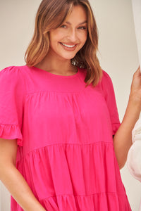 Nia Tiered Hot Pink Linen Smock Dress