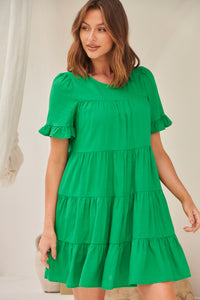 Nia Tiered Shamrock Green Linen Smock Dress
