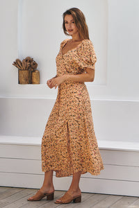 Claudia Orange Floral Puff Sleeve Dress