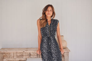 Cleo Midi Black/Grey Animal Print Zip Front Dress