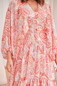 Liliana Peach Floral Print Long Sleeve Tie Up Dress