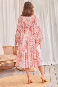 Liliana Peach Floral Print Long Sleeve Tie Up Dress