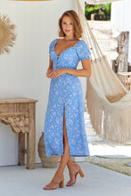 Load image into Gallery viewer, Rochelle Blue Pastel Floral Cap Sleeve Dress