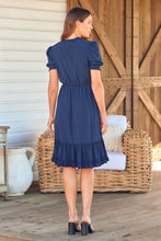 Load image into Gallery viewer, Arden Short Sleeve Navy Satin Midi Dress