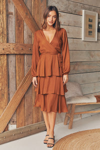 Harriet Satin Rust Frill Long Sleeve Evening Dress