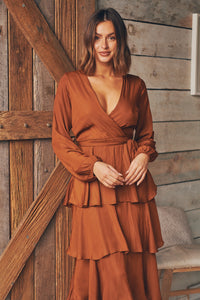 Harriet Satin Rust Frill Long Sleeve Evening Dress