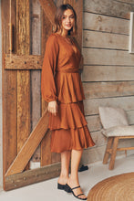 Load image into Gallery viewer, Harriet Satin Rust Frill Long Sleeve Evening Dress