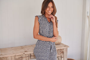 Maggie Blue/White Gingham Print Midi Dress