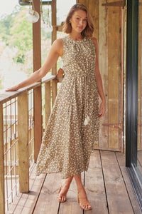 Jacinta Sleeveless Light Khaki Animal Printed Midi Dress