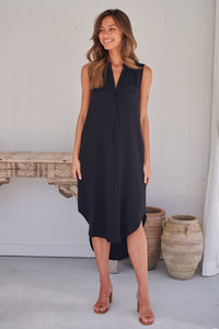 Xenia Black Plain Pocket Front Dress