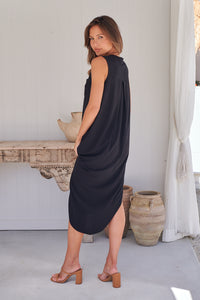 Xenia Black Plain Pocket Front Dress