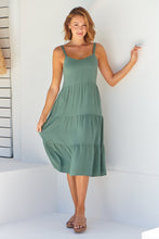 Load image into Gallery viewer, Nora S/less Sage Linen Blend Tiered Midi Dress