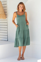 Load image into Gallery viewer, Nora S/less Sage Linen Blend Tiered Midi Dress