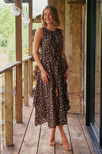 Jacinta Sleeveless Black Animal Printed Midi Dress
