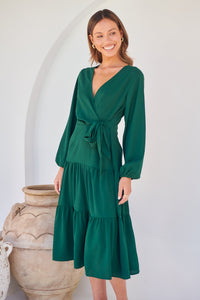 Keesha Emerald Cross Over Side Long Sleeve Tie Maxi Dress