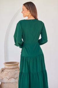 Keesha Emerald Cross Over Side Long Sleeve Tie Maxi Dress