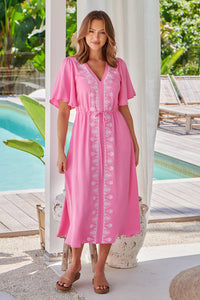 Keira Pink Tie Waist Embroided Maxi Dress