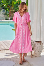 Load image into Gallery viewer, Keira Pink Tie Waist Embroided Maxi Dress