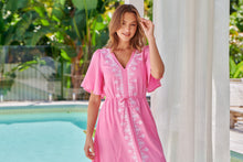 Load image into Gallery viewer, Keira Pink Tie Waist Embroided Maxi Dress